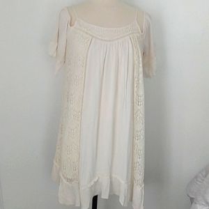 Dress spaghetti straps off shoulder sleeve lace &. silk lining ruffle hem line M